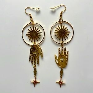 Gold Tattooed Hand Dangle sun sparkle earrings 2+ 20% off 3+ ship free laser cut